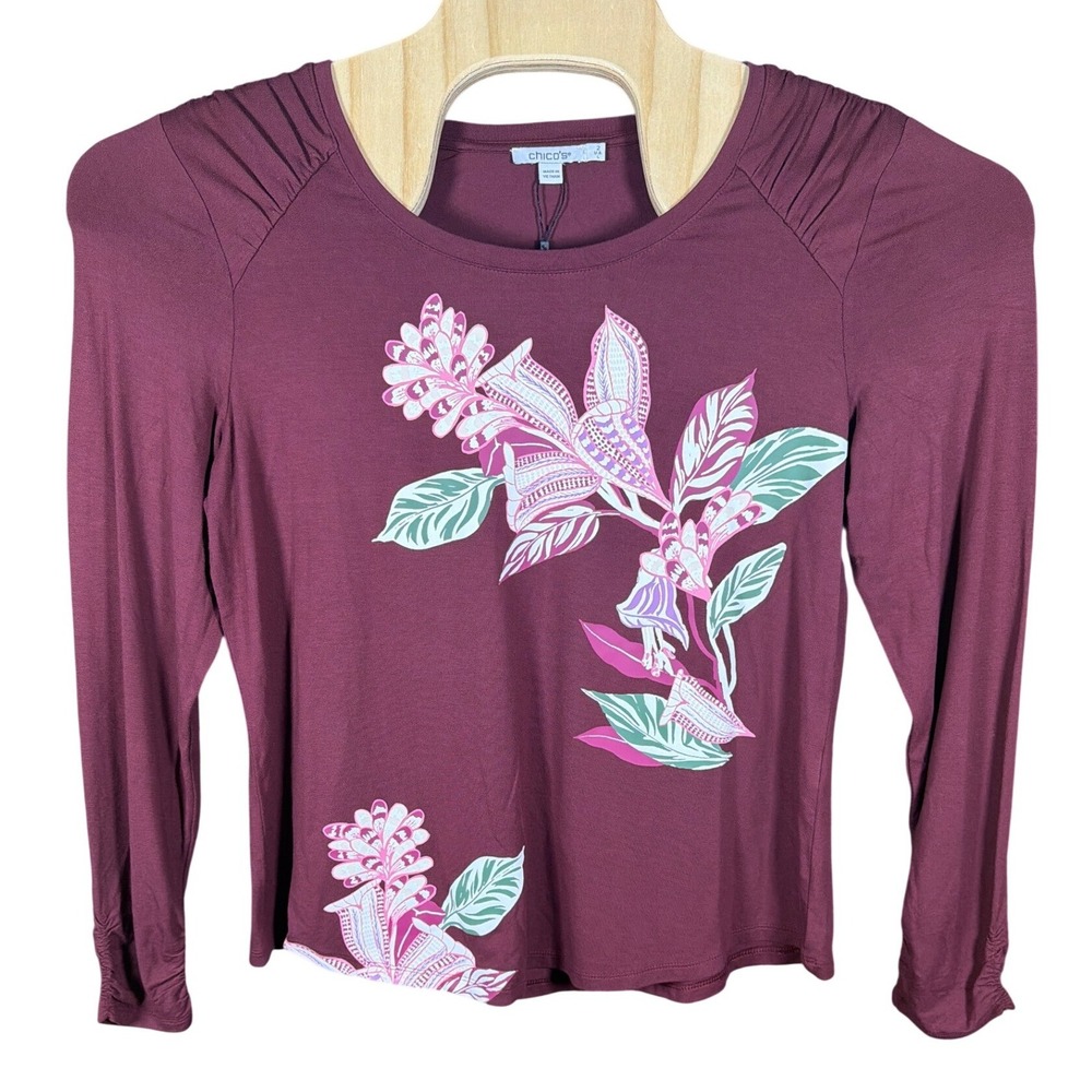 Chico's Womens Floral Graphic Long Sleeve Top Burgundy Size 2 L Pleated Shoulder